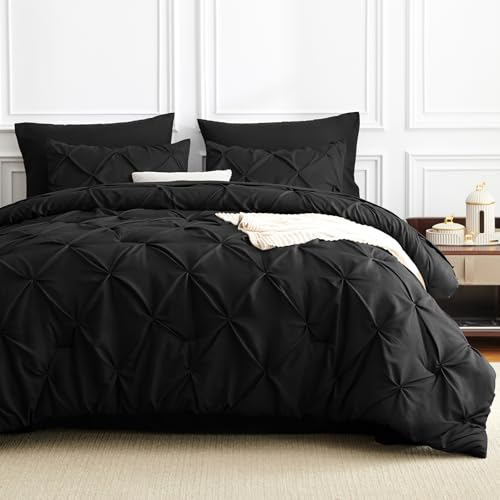 HIMEET Pintuck Bed in a Bag, 7 Pieces California King Comforter Set Black, Cal King Pinch Pleat Bed Set, Soft All Season Bedding Sets with Comforter, Flat Sheet, Fitted Sheet and Pillowcases & Shams HIMEET
