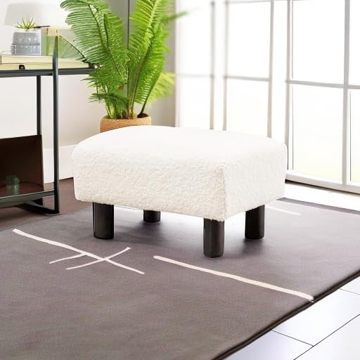Small Beige Fur Padded Foot Stool, Storage Ottoman Foot Rest with Wooden Legs, 9.5Inch, Modern Rectangle Chair Foot Rest Foot Step Stool for Living Room, Couch, Desk LUE BONA