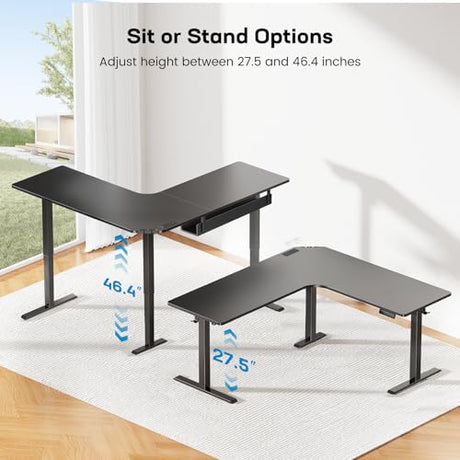 HUANUO Electric L Shaped Standing Desk, 63" x 63" Height Adjustable Corner Standing Desk with Built-in Power Outlets & Power Strip Holder, Sit Stand Up Table with 4 Preset Heights, Black HUANUO