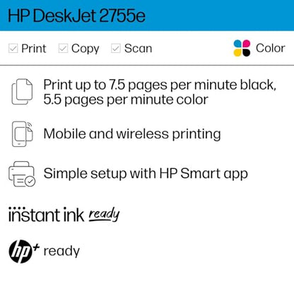 HP DeskJet 2755e Wireless Color inkjet-printer, Print, scan, copy, Easy setup, Mobile printing, Best-for home, 3 months of Instant Ink included,white