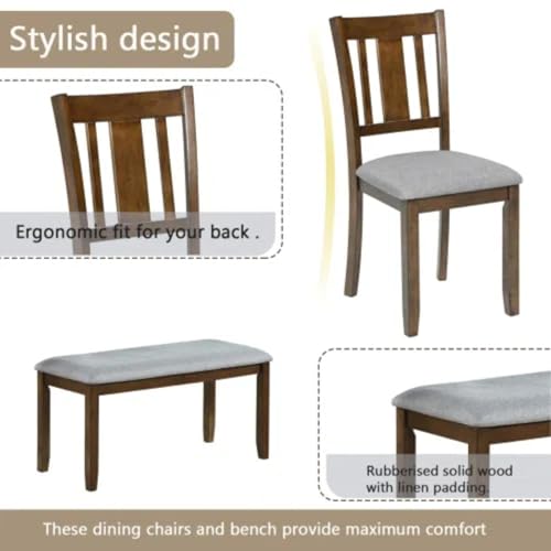 Trygoal 6-Piece Dining Table Set for 4-6 People, Kitchen Set with 4 Upholstered Chairs and One Bench, Living Room Chairs with Slatted Backrest, Rectangular Wooden Table for Home Bar, Walnut Trygoal