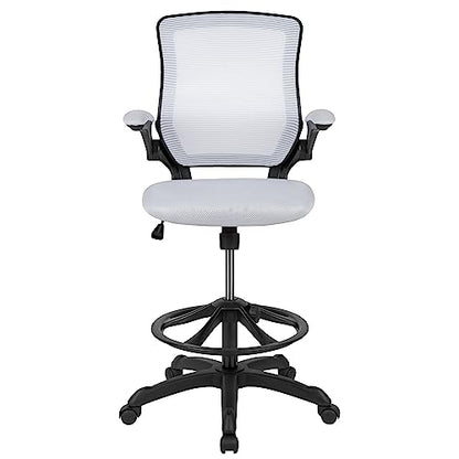 Flash Furniture Kale Mid-Back White Mesh Ergonomic Drafting Chair | Adjustable Foot Ring, Flip-Up Arms