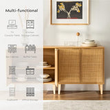 EYYTHUNG Accent Storage Cabinet Set of 2 Sideboard with Rattan Doors, Boho Buffet Kitchen Bar Cabinet Farmhouse Credenza Cabinet with Adjustable Shelves for Living Room (Natural Oak) EYYTHUNG