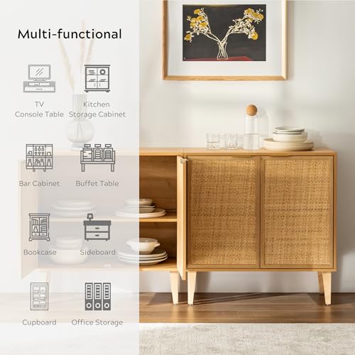 EYYTHUNG Accent Storage Cabinet Set of 2 Sideboard with Rattan Doors, Boho Buffet Kitchen Bar Cabinet Farmhouse Credenza Cabinet with Adjustable Shelves for Living Room (Natural Oak) - WoodArtSupply