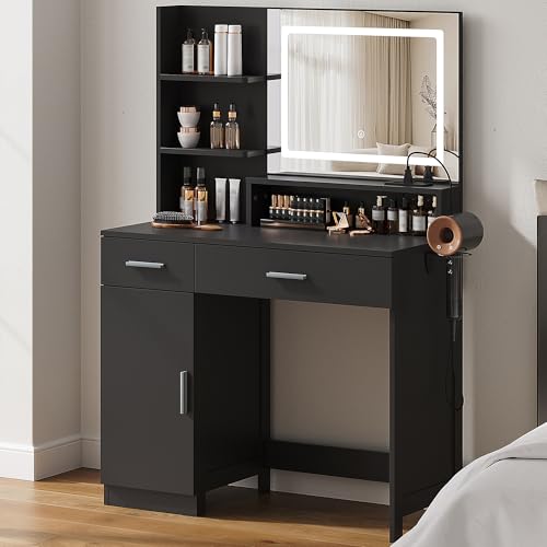 ProsperHaven Vanity Desk with LED Mirror and Lights, Makeup Vanity Table with Power Outlet, Drawers, Cabinet, Dressing Table with Open Storage Shelves for Bedroom, Dressing Room, Black ProsperHaven