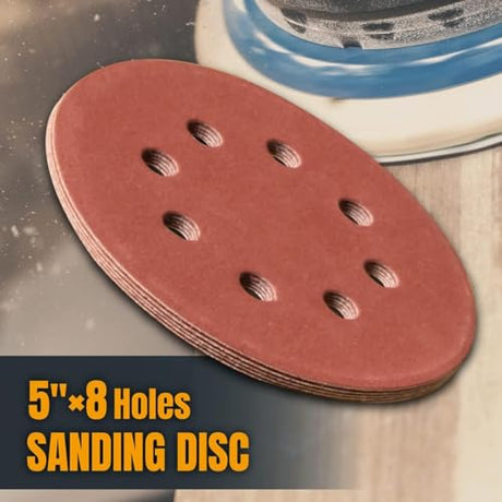 POWERTEC 25PK, 40 Grits, 5 Inch 8 Hole Hook and Loop Sanding Discs with Cleaning Stick, Aluminum Oxide Sandpaper Discs, Woodworking Sanding Pads for Random Orbital, Air, DA & Pneumatic Sander (45057) POWERTEC