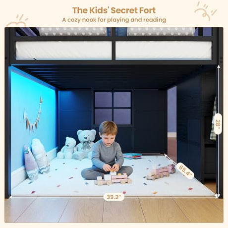 BTHFST Low Loft Bed Twin Size with Stairs & LED Lights, Kids Loft Bed with 7 Storage Drawers & 3 Open Cubbies & Handy Clothes Rail, Twin Loft Bed with Safety Guardrail, Under-Bed Play Area, Black BTHFST