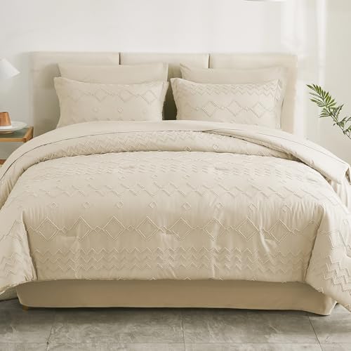 EMME Twin Comforter Set - 5 Pcs Beige Boho Bedding Sets, Tufted Comforter with Sheets, Shabby Chic Embroidery Twin Bed Set Fluffy Bed Bag for All Season(68"X90") EMME