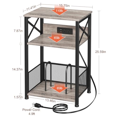 AMHANCIBLE Record Player Stand with Charging Station, Turntable Stand with Storage Cabinet, 3 Tier End Table Hold Up to 100 Albums, Record Stand for Vinyl, Living Room, Greige, HETCD01GY-1 AMHANCIBLE