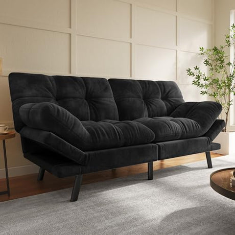 YITAHOME Futon Sofa Bed with 3-Position Adjustable Backrest & Armrests, Upholstered Loveseat Couch Bed, Expandable Foldable Design for Living Room, Bedroom, Small Apartments, Black YITAHOME