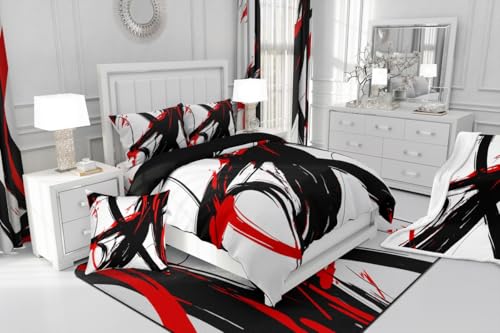 Feelyou Abstract Art 7 Piece Bedding Set Queen Size Kids Red Black Modern Geometric Print Bed in a Bag for Boys Girls Teens Minimalist Ink Line Comforter Set with Sheets Soft Microfiber Feelyou