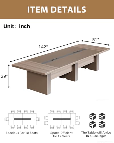 Spacious 12FT Executive Conference Table – Modern Rectangular Boardroom Table with Dual Cable Grommets, 1.6" Thick Top, Seats 10–12, Ideal for Office, Studio, or Training Rooms ZIMASYA