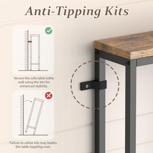 SANXUO 102 Inch Extra-Long Narrow Console Table with Charging Station (2 Outlets + USB-C), Sofa Table,Behind Couch Table with 3-Tier Storage Shelves for Entryway & Small Spaces (Rustic Brown) SANXUO