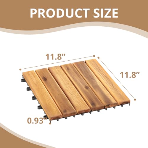 Interlocking Deck Tiles 12x12, Six Slats Waterproof Solid Wood Patio Tiles Flooring Tiles for Indoor and Outdoor Balcony Porch Backyard Garden Poolside All-Weather Use (1 Pack 10 Pieces) Fangflower
