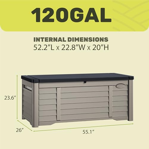 YITAHOME 120 Gallon Large Outdoor Storage Deck Box, Waterproof Cushion Storage Bench with Lockable Lid for Patio, Pool Supplies, Garden Tools, Resin, Black & Brown - WoodArtSupply