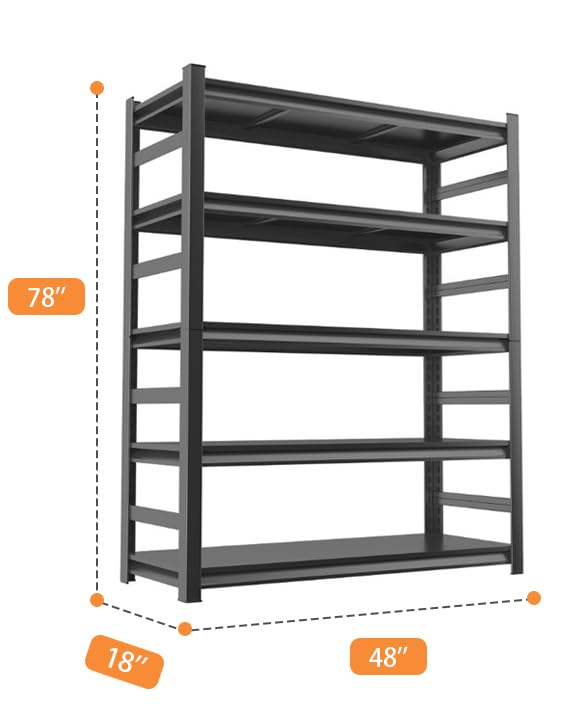 Notmise 5-Tier Metal Garage Shelving Unit, Heavy Duty Steel Storage Rack with High Load Capacity, Ideal for Garage, Warehouse, Basement, or Home Organization Solutions, 78" H x 18" D x 48" W,Black