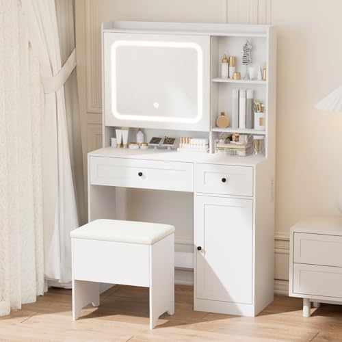 Hogxp Vanity Table with Hidden Storage & LED Mirror - Includes Padded Stool, 5 Compartments, 2 Drawers & 1 Storage Cabinet - Ideal Bedroom Makeup Dressing Table White Hogxp