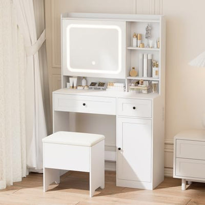 Hogxp Vanity Table with Hidden Storage & LED Mirror - Includes Padded Stool, 5 Compartments, 2 Drawers & 1 Storage Cabinet - Ideal Bedroom Makeup Dressing Table White