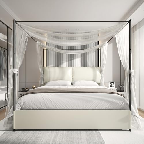 PAUKIN Canopy Bed Frame King Size with Upholstered Headboard, Sturdy and Stable, Easy to Assemble, Metal Bar Support, no Spring Mattress Required. (White, King)