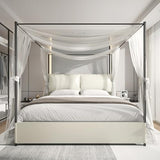 PAUKIN Canopy Bed Frame King Size with Upholstered Headboard, Sturdy and Stable, Easy to Assemble, Metal Bar Support, no Spring Mattress Required. (White, King)