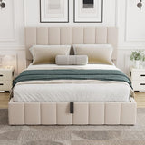 Gas Lift Up Storage Platform Bed, Upholstered Bed Frame with Hydraulic Storage System and Wooden Slat Support, Queen Size, Beige Merax