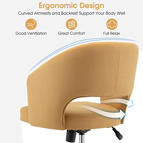 Giantex Home Office Desk Chair, Comfy Upholstered Chair with Hollow Design & Height Adjustable, Modern Rolling Swivel Armless Chair, Leisure Task Cute Chair for Living Room Study Vanity, Yellow Giantex