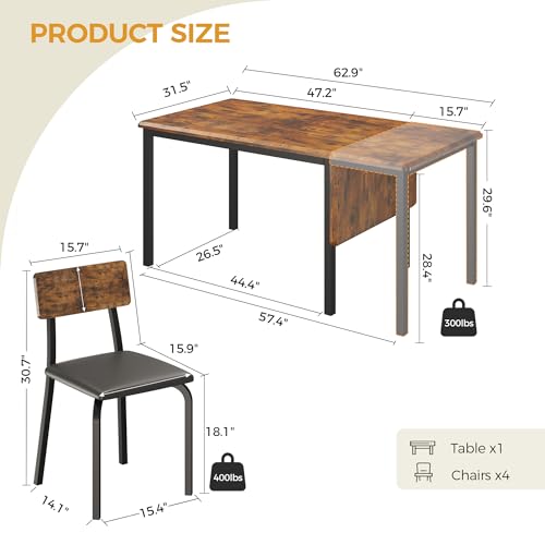 IRONCK 5-Piece 63" Extendable Dining Table with 4 Upholstered Chairs, Kitchen Table Set for 4-8 People, Dining Room Sets with MDF Wood Board, Drop Leaf Table Design for Space Saving, Rustic Brown IRONCK
