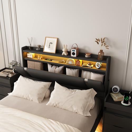 Seeday Floating Bed Frame with Storage Headboard, Modern Black King Size Bed Frame with LED Light and Charging Station, Upholstered Platform Bed Frame, No Box Spring Needed, Metal Frame Noise-Free Seeday