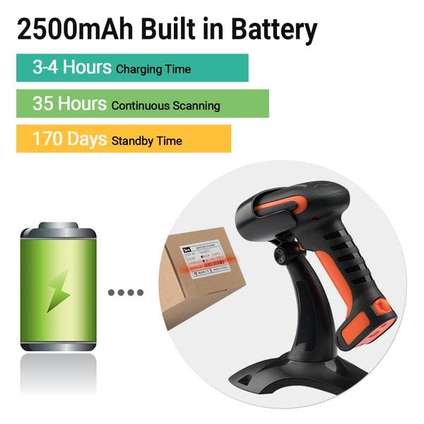 Tera Pro (Extreme Performance) Industrial Wireless Barcode Scanner 2D QR 1D Bar Code Reader 2.4G Wireless 2500mAh Compatible with Bluetooth Drop Resistant for Windows Mac Android iOS Model 8100 Orange Tera