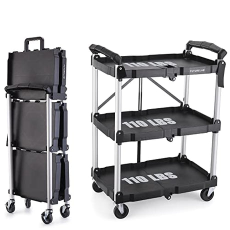 FUTURELAB Portable Folding Service Cart - 3 Tier 330LBS Capacity - Rolling Cart Utility Cart Foldable Cart with Wheels for Warehouse Home Workshops FUTURELAB