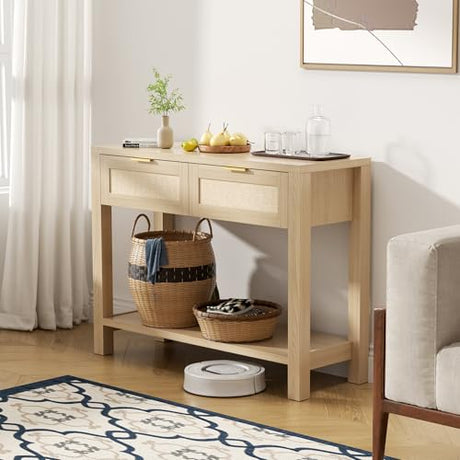 YUUIJOAA Boho Chic Console Table with 2 Rattan Drawers and Open Shelf Storage, Narrow Farmhouse Sofa Table for Small Space Entryway, Living Room,Hallway,Natural YUUIJOAA