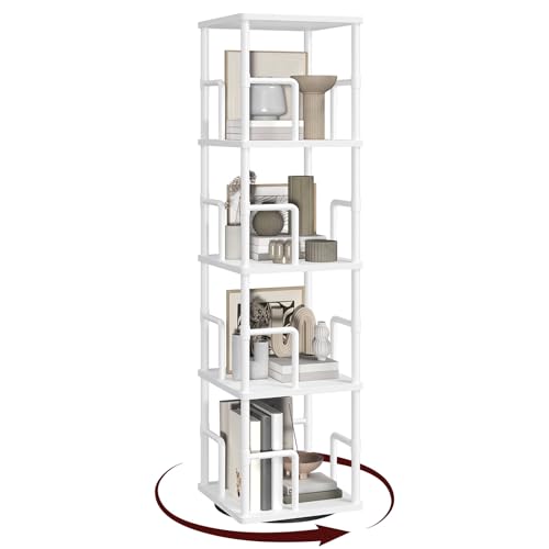 MAHANCRIS 4-Tier Rotating Bookshelf, Freestanding Corner Bookshelf, 360° Spinning Bookcase, Industrial Style Storage Rack with Rails, for Living Room, Bedroom, Study, White BKWT1501 MAHANCRIS