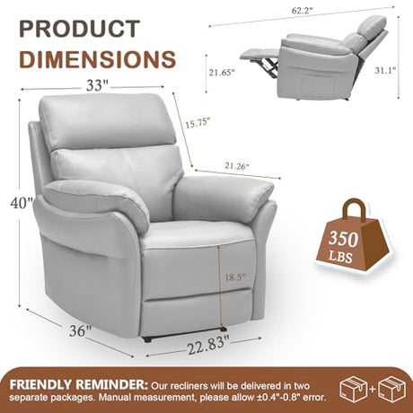 AIRSKY Genuine Leather Recliner Chair, Top Grain Leather, Italian Water-Washing Process, Living Room Chair with Lumbar Support,for Theater Seating, Bedroom, Grey,R1 AIRSKY