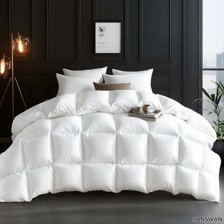 Luxury Goose Down Comforter King Size, 750 Fill Power All Season Fluffy Duvet Insert, 56oz Medium Weight, Soft Cotton Fabric, Hotel Bedding Comforter with Corner Tabs, 106 x 90 Inch SANSWAN