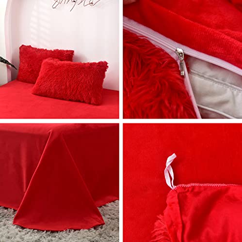 MorroMorn 5 PCS Shaggy Duvet Cover Bedding Set - Long Faux Fur Luxury Ultra Soft (Red, Full/Queen) MorroMorn