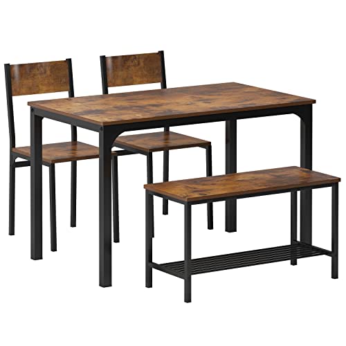 soges 4 Pieces Dining Table Set, 43.3 inch Kitchen Table Set for 4, Dining Set with 2 Chairs and Bench with Storage Rack, Nesting Furniture Set for Dining Room, Kitchen, Restaurant, Rustic Brown soges