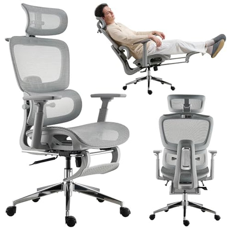 hujusko Mesh Ergonomic Office Chair with Footrest,High Back Mesh Gaming Chair with Lumbar Support,Adjustable Headrest and Armrests for Home Office Desk Chair (Modern, Grey) hujusko