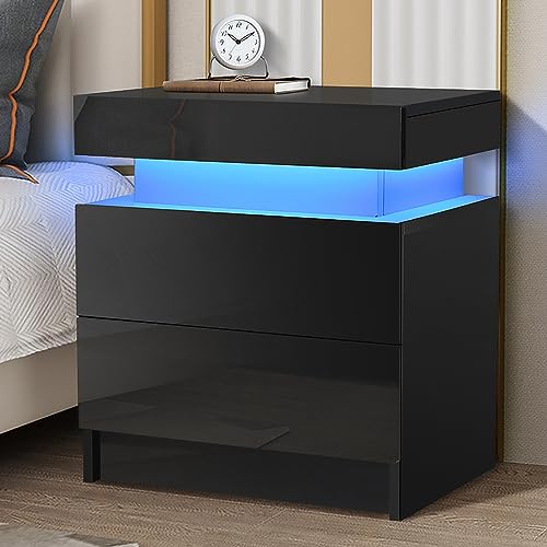 HOMMPA LED Nightstand Modern Black Nightstand with Led Lights Wood Matte Led Bedside Table Night Stand with 2 High Gloss Drawers for Bedroom 20.5" Tall - WoodArtSupply