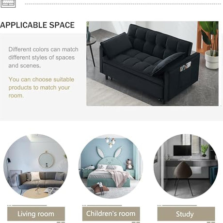 3 in 1 Convertible Sleeper Sofa Bed, Velvet Loveseat Futon Pull-Out Couch with Adjustable Reclining Backrest, Side Pockets and Pillows for Living Room, Bedroom, Apartment, Small Spaces (Black-Velvet) Ehsovlnut