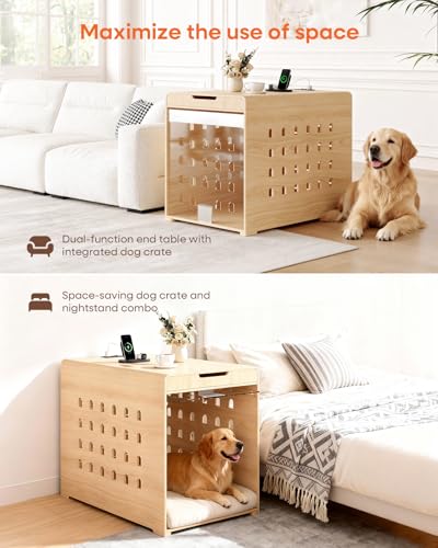 Modern Dog Crate Furniture with Charging Station Large Kennel Indoor with Flip-up Hidden Acrylic Door for Large and Medium Breeds up to 110lb Wood Pet End Side Table Cage, Oak GOUUN