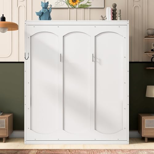Merax Queen Size Murphy Bed, Wood Queen Murphy Hidden Wall Bed with Shelves for Home Office or Small Room, No Box Spring Needed, White Merax
