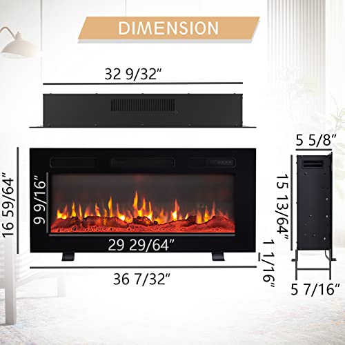 Efiretric® Grace 36" W 3 in 1 Electric Fireplace (EF449), Freestanding, Wall Mounted, Recessed, 9 Colors Flame Effect, TV Media Wall, Heater 750W/1500W, Remote Control EFIRETRIC