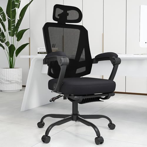 Hihady Ergonomic Office Chair with Footrest, High Back Swivel Mesh Desk Chair, Big and Tall Rolling Computer Chair with Headrest, Lumbar Support, 3-Level Tilt Backrest for Home, Bedroom, Work Hihady