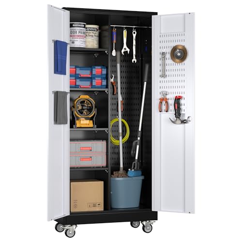 GangMei Metal Broom Closet Storage Cabinet, Garage Storage Cabinet with Wheels, Pegboard, Lockable Doors, 4 Adjustable Shelves for Garage, Home, Black and White, 71" H x 31.5" W x15.75 D GangMei