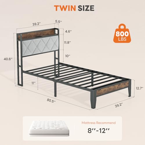 Sweetcrispy Twin Bed Frame with Headboard, Storage Headboard with USB Charging Station, Durable Squeak-Free Frame, Simple No-Tool Assembly,Works with Twin Mattress No Box Spring Needed Sweetcrispy