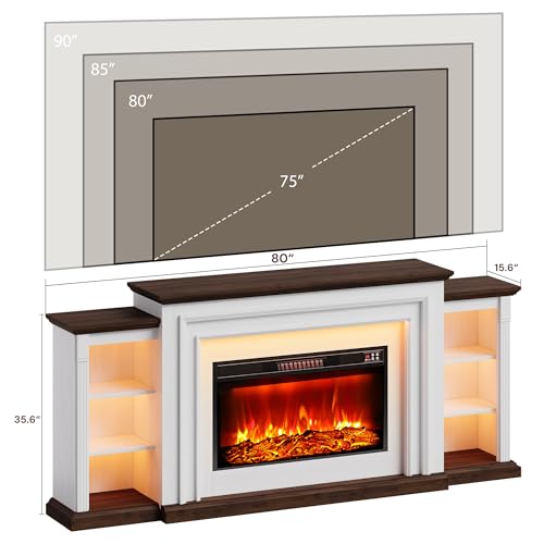 80" LED Electric Fireplace with Mantel, Fireplace TV Stands for 90 Inch TV, Modern Entertainment Center with Storage, Delicate Three-Dimensional Molding with Remote Control for Living Room J-yaamiZz