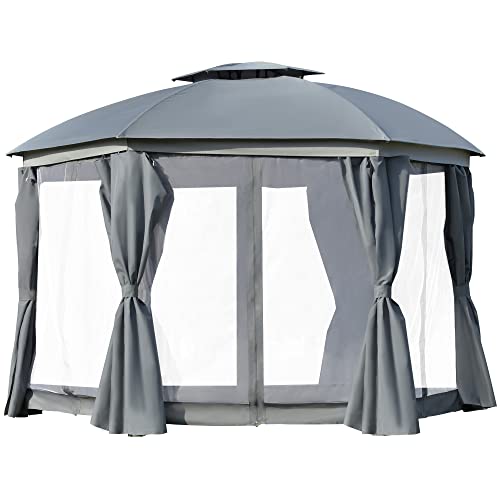 Outsunny 12' x 12' Round Outdoor Gazebo, Patio Dome Gazebo Canopy Shelter with Double Roof, Netting Sidewalls and Curtains, Zippered Doors, Strong - WoodArtSupply