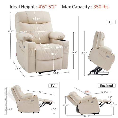 MCombo Small Power Lift Recliner Chair Sofa with Massage and Dual Heating, Adjustable Headrest for Elderly People Petite, USB Ports, Faux Leather 7111 (Cream White)