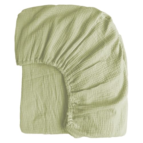 100% Muslin Cotton Sage Green Fitted Sheet Twin Only with 16" Elastic Deep Pocket, 1 Pack Soft Breathable Absorbent Gauze Single Fitted Bottom Sheet, Minimalist Fluffy Wrinkle Mattress Protector YASMENG