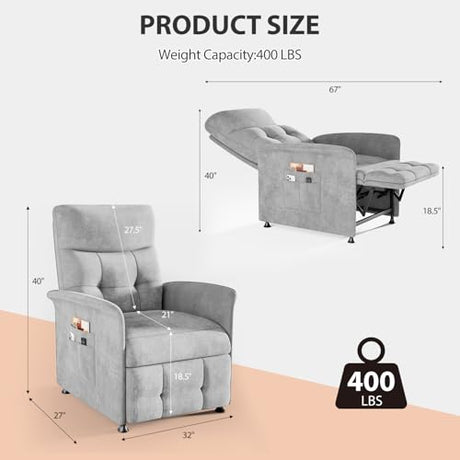 LegacyAmerhome Power Recliner Chair for Adults with Heat & Massage - Soft Fabric Electric Reclining Sofa with Remote Control, 3 Side Pockets, 180° Lay Sleeper for Living Room Home Theater, Light Grey LegacyAmerhome
